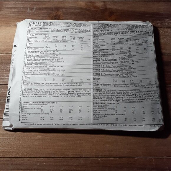 McCalls Pattern 9137 Unisex Womens Mens Robe Shorts Accessories Z UNCUT XLG  XXL - Picture 2 of 9